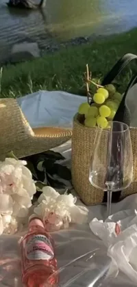 This live wallpaper features a romantic scene with wine glasses holding red wine and fruits in a basket resting on a table