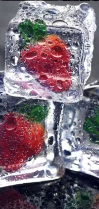 This phone wallpaper showcases a photorealistic painting of three ice cubes with strawberries inside