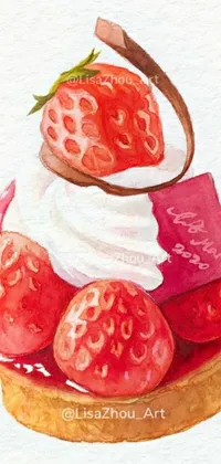 This phone live wallpaper features a beautiful watercolor painting of a scrumptious strawberry tart adorned with whipped cream and juicy strawberries
