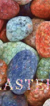 This phone live wallpaper features an album cover of multicolored crystals with a stack of intricately designed eggs as the foreground