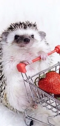 Introducing a lively and quirky phone live wallpaper featuring a cute hedgehog relaxing in a shopping cart alongside a pile of fresh, juicy strawberries