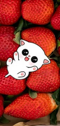 This phone live wallpaper features a box filled with ripe strawberries and furry art of a white cat