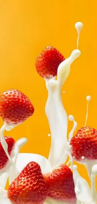 This vertical phone live wallpaper features digital art of milk splashing with fresh strawberries falling into it, creating a visual feast
