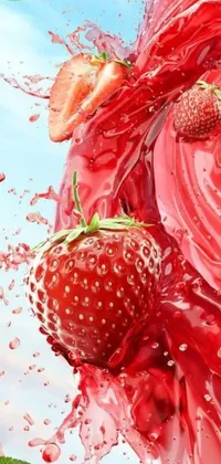 This phone live wallpaper features a realistic painting of strawberries being splashed with red liquid