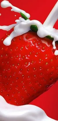 Experience the delightful sight of a succulent strawberry being dipped in a creamy pool of milk with this hyperrealistic phone live wallpaper