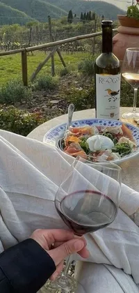 This phone live wallpaper features a serene countryside picnic scene with a cheese board and bottle of wine on a table