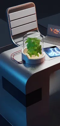 This phone live wallpaper showcases a futuristic computer desk with a vibrant potted plant