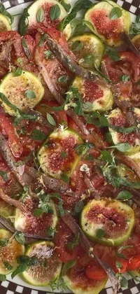 This phone live wallpaper showcases a plate of mouth-watering ratatouille-style food on a wooden table with a rustic atmosphere
