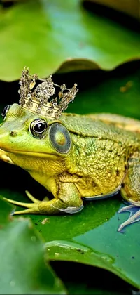 Discover a phone live wallpaper featuring a delightful frog wearing a crown, perched gracefully on a leaf