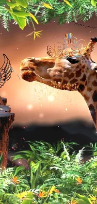 This live wallpaper for your phone features a close-up of a majestic giraffe standing atop a lush green field