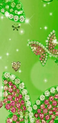 Get mesmerized by this stunning phone live wallpaper showing a green background with pink and white butterflies depicted in soft pastel colors