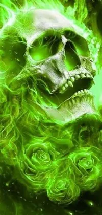 This phone live wallpaper features a striking skull with green flames that emit a spooky, otherworldly vibe