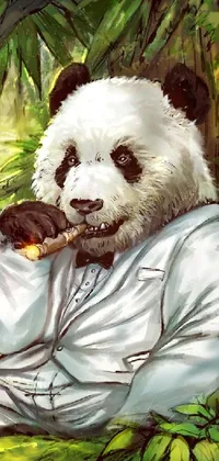 This phone live wallpaper features a highly detailed, intricate illustration of a furry panda bear smoking a cigarette in a jungle setting