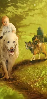 Enjoy this enchanting live wallpaper with a vivid digital image of a charming baby riding a friendly dog next to a bright fire hydrant