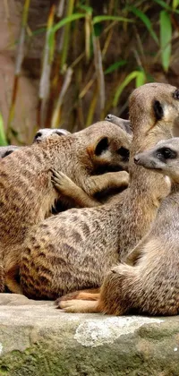 This live phone wallpaper depicts a charming photograph of meerkats, stacked on top of each other in a natural setting