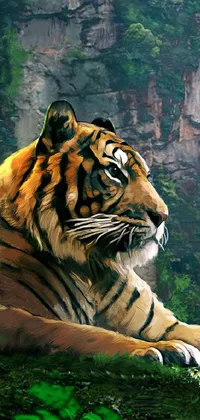 This live phone wallpaper showcases an intricately designed digital painting of a resting tiger lying on lush green grass alongside a cliff with a stunning backdrop that exudes a sense of wilderness