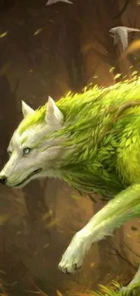 This phone live wallpaper showcases an incredible painting of a wolf weaving through a green and white forest