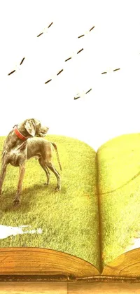 This phone live wallpaper features an open book with a picture of a dog on it, set against an illustration of a rolling hill and windy day