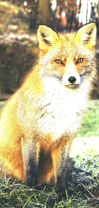This phone live wallpaper depicts a lifelike and playful fox sitting in grass, against an ancient forest and mountain range backdrop