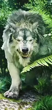 This dynamic phone live wallpaper exhibits a remarkable gray wolf exploring a vibrant green forest