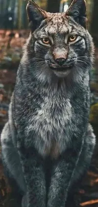 This phone live wallpaper depicts a realistic cat in a forest setting, with an anthropomorphic wolf looking directly at the camera, creating a mesmerizing effect on your screen