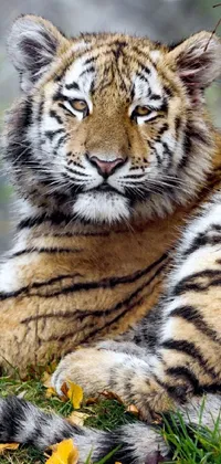This stunning live wallpaper for phones showcases an exquisite image of a regal tiger, peacefully resting in a grassy field