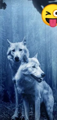 This phone live wallpaper features two white wolves in a picturesque forest backdrop