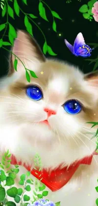 This delightful digital art is a cute and charming live wallpaper for your phone, featuring a white cat with big blue eyes and a friendly smile surrounded by a bed of colorful flowers