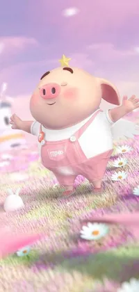 Brighten up your phone with this delightful live wallpaper featuring a cute cartoon pig standing in a colorful field of flowers