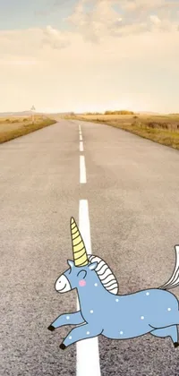 This live wallpaper depicts a captivating cartoon horse running energetically down a deserted road with a whimsical expression on its face