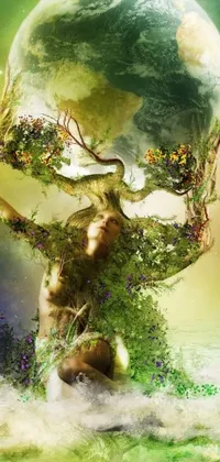 This phone live wallpaper features a stunning and detailed digital art scene of a woman standing in a lush green field, holding the Earth while surrounded by a cosmic tree