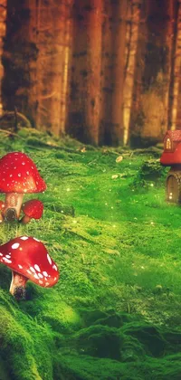 This phone live wallpaper depicts a stunning forest scene with a group of 3D mushrooms