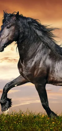 This phone live wallpaper features a digital rendering of a powerful black horse galloping across a lush green field