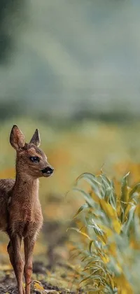 This live phone wallpaper features a captivating image of a young deer standing in a green field