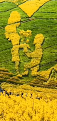 This beautiful phone live wallpaper depicts a group walking through a golden field of flowers