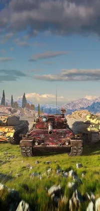 This phone live wallpaper features a group of gritty tanks on a lush green field, presented in impressive auto-destructive art techniques