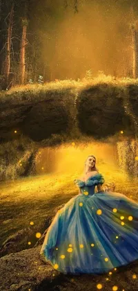 This stunning live wallpaper features a digital art scene of a woman in a blue dress on a rock surrounded by golden fireflies and set against the backdrop of a beautiful castle and a shining moon