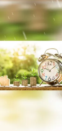 This phone live wallpaper features a unique clock on a wooden shelf and lively plant growth in a peaceful monsoon environment with dollars falling gently in the background