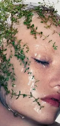 This exquisite live phone wallpaper features an up-close image of a person with lush greenery growing from their head