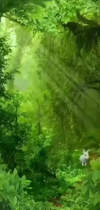 This phone live wallpaper offers a serene forest scene with a cute cat and bright green foliage