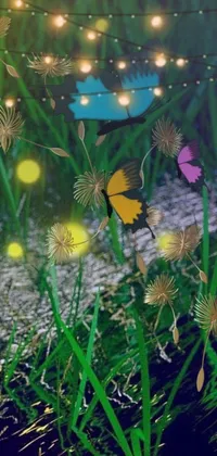 This live wallpaper features a group of colorful butterflies resting upon a green field, along with a beautiful yellow dandelion