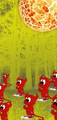 This vibrant live wallpaper features a group of red lobsters joyfully dancing in front of a bright sun