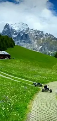 Add a touch of adventure to your phone's screen with this stunning live wallpaper! Featuring a man on a lawn mower gliding across a lush green field in the Swiss Alps, this matte painting will transport you to a world of natural beauty