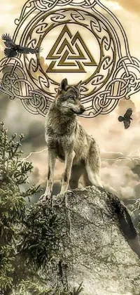 This live phone wallpaper features a stunning image of a wolf on a rock amidst Celtic symbols