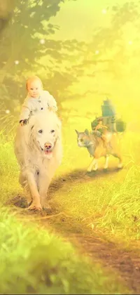 This phone live wallpaper showcases a delightful child riding atop a resplendent white canine in a fantastic world inspired by a popular video game kingdom