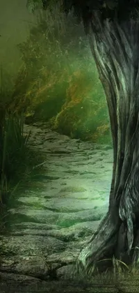 This phone live wallpaper features a close-up of a tree near a calm body of water