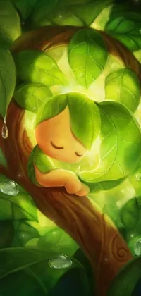 This phone live wallpaper depicts a serene painting of a sleeping girl nestled in a tree, bathed in a gentle green glow