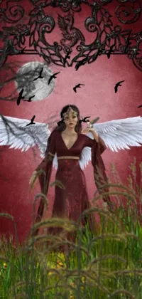 This phone live wallpaper boasts an ultra-detailed digital art image featuring a woman donning a red dress with white wings