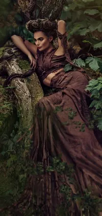 Bring the enchanting woods to your phone display with this stunning live wallpaper featuring a woman posing on a tree trunk