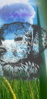 This phone live wallpaper displays a digital painting of a dog in a lush grass field